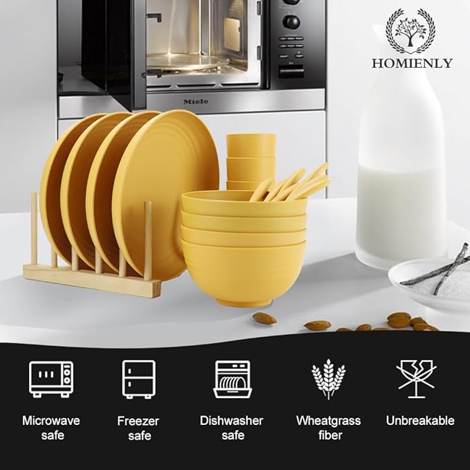 Homienly Wheat Straw Dinnerware Sets, 20pcs Unbreakable Microwave Dishwasher Safe Tableware Lightweight Bowls, Cups, Plates Set Reusable Dinner Plates Bowls set (Yellow)