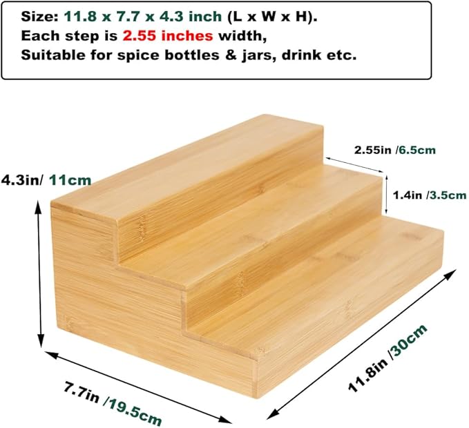 Bamboo Spice Rack Organizer for Cabinet Wooden Spice Shelf for Kitchen Pantry Storage Organizer 3 Tier Countertop(2 Pack)