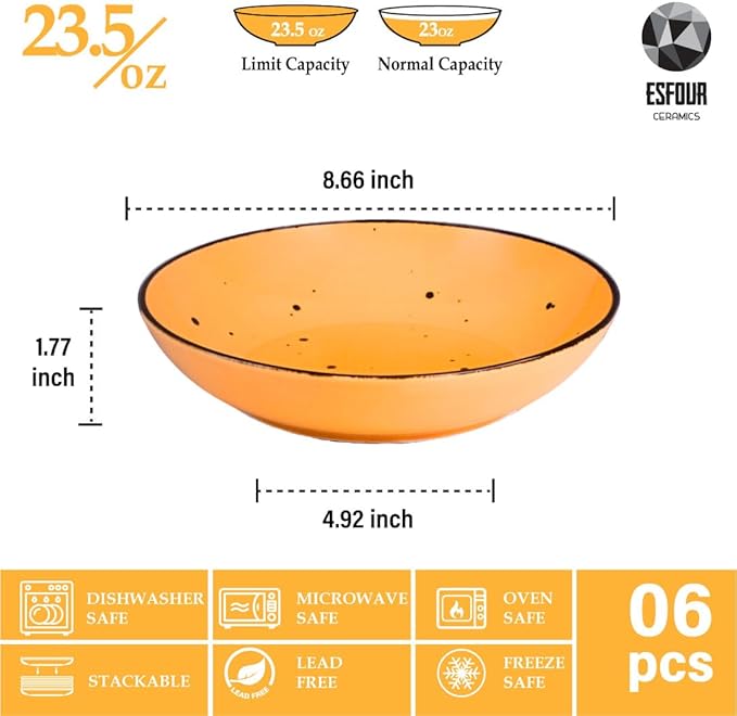 Esfour 8 Inch Porcelain Pasta Bowl, 16 Ounce Salad Bowls, Microwave & Dishwasher Safe, Sturdy & Stackable, Set of 6 Ceramic Bowl Plate Set, Wide Shallow Salad Bowls, Blossom Assorted Colors