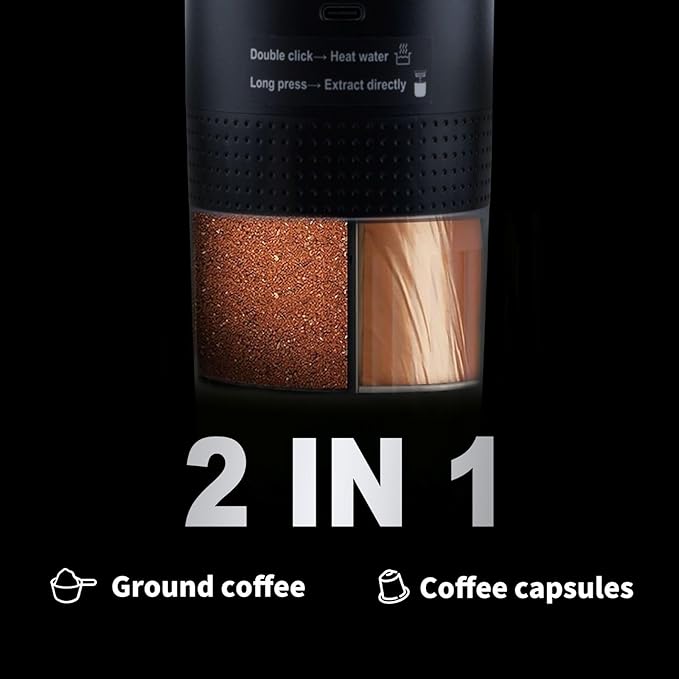 Portable Coffee Maker Espresso Travel Machine – Self-Heating Electric Espresso Maker, Compatible with Ground Coffee, Ideal for Travel, Camping, Office