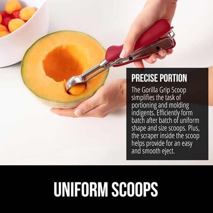 GORILLA GRIP Stainless Steel Cookie Scoop for Baking, 2 TSP, Multipurpose Melon Baller, Meatball Spring Scoops, Perfect Portion Sizes, Easy Food Release, Scooper Size 100, BPA-Free Kitchen Tool, Red