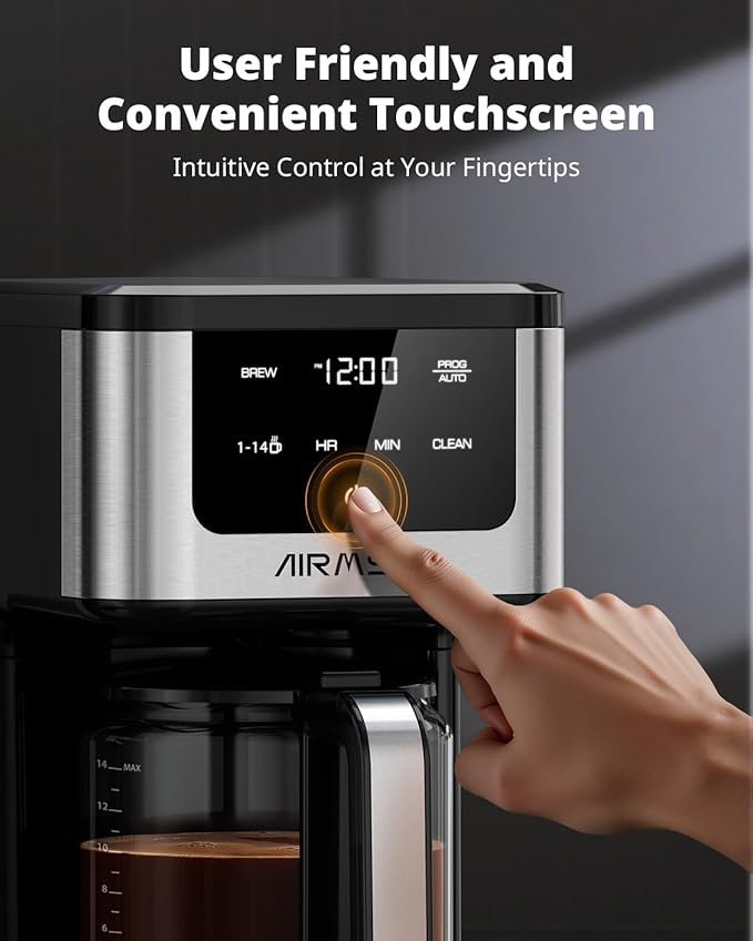 AIRMSEN 14-Cup Programmable Drip Coffee Maker – 1000W Fast Brewing Coffee Machine with Timer, Delay Start & 2H Keep-Warm, 73oz Tank, Touchscreen & Glass Carafe – Perfect for Home & Office Use
