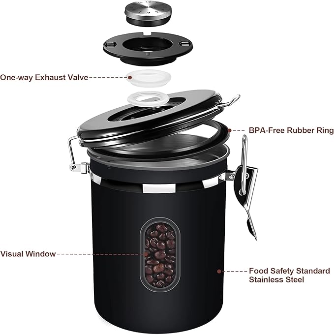 1500ML Airtight Coffee Canister with Date Tracker&Transparent Window, 18OZ Coffe Beans Storage with 30ML Measure Spoon&4 co2 Valve, Coffee Container for Grounds Coffee, Beans, Tea, Sugar, Flour(Black)