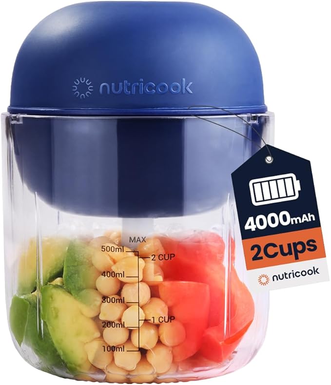 Choppi Cordless Electric Vegetable Chopper & Mini Food Processor for Dicing, Shredding, Mincing, and Puree, Portable and Rechargeable, 2-Cup, 500 mL, 4000 mAh Battery, Blue