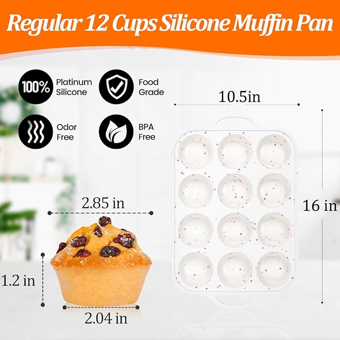 Regular Size Muffin Pan with Metal Reinforced Frame, Silicone Cupcake Pan Easy to Handle Nonstick 12 Cups Silicone Muffin Pans for Baking BPA Free 2 Pack
