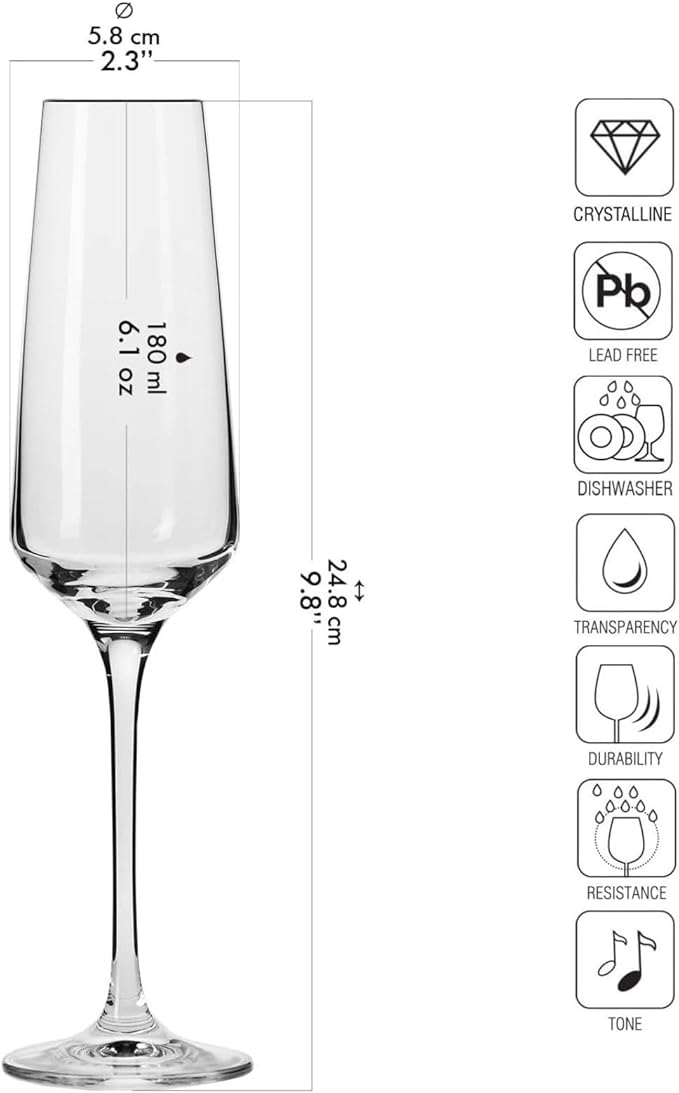 Krosno Crystal Champagne Flute Glasses, Set of 6, 6.1 oz, Avant-Garde Collection, Classic Shape for Timeless Style, Ideal for Mimosas, Prosecco, Sparkling Wine, Dishwasher Safe, Made in Europe