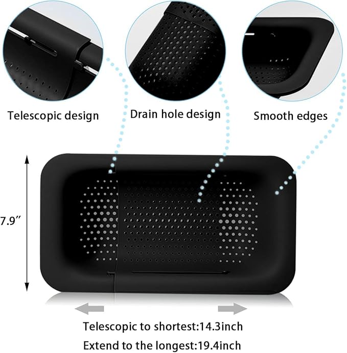 Collapsible Sink Colanders and Strainers Basket Extendable Plastic Fruit Vegetable Strainer Drainer Basket for Kitchen (Length 13.6 inch-18.7 inch) (Black) 6 * 10