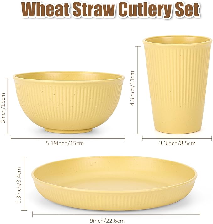 18PCS Wheat Straw Dinnerware Sets Unbreakable Reusable Dinnerware Set for 6, Microwave Dishwasher Safe Dinnerware Dinner Outdoor Camping Dishes