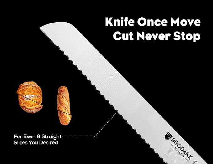 BRODARK Bread Knife - 10" Serrated Knife for Homemade Bread Sourdough - High Carbon Stainless Steel, One Piece Design, Sharp Serrated Edge for Even & Straight Slicing - NSF Certified, Shark Series