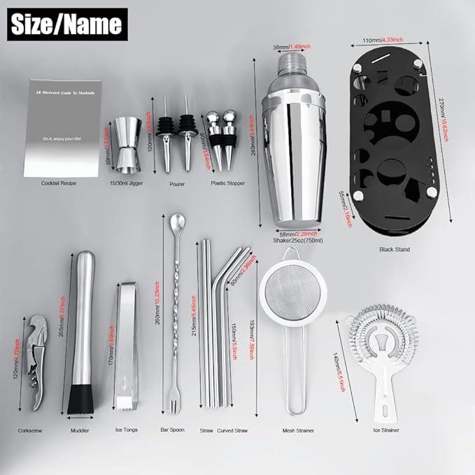 Cocktail Shaker Set Bartender Kit with Stand - 16 Piece Bar Tool Set Drink Mixer Set Includes : 25oz Shakers, Jigger, Strainer, Mixer Spoon, Muddler, Liquor Pourers, Straw (Silver)