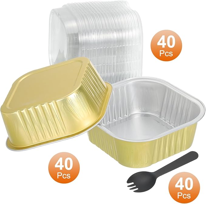 HARFINGTON 40Pack 10oz Disposable Mini Cake Pans with Lids and Spoons Gold Aluminum Foil Square Baking Cupcake Dessert Cups Tin for Birthday Party