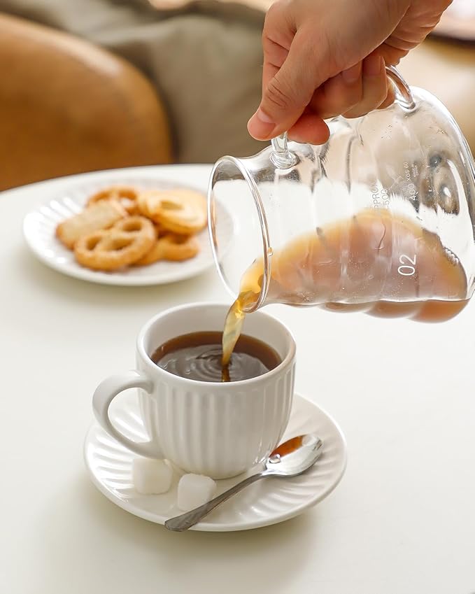 Hasense Porcelain Cappuccino Cups and Saucers Set of 4,White Ribbed 6 Oz Demitasse Tea Cup with big Handle, Mugs Set for Coffee,Tea,Latte and Mocha, Aesthetic Gift for Anniversary or Holiday