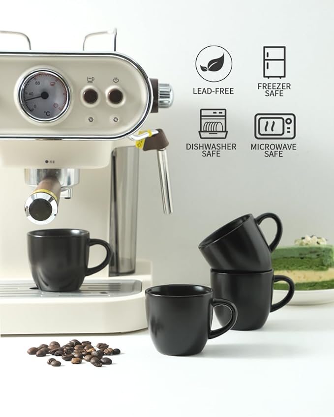 Hasense Ceramic 3 OZ Espresso Cups, Porcelain Espresso Demitasse Cups Set of 4 for Double shot, Lungo and Ristretto, Tiny Italian Expresso Shot Coffee Mugs for Home and Office, Black