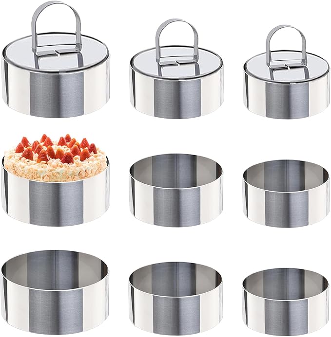 Uncle Jack 9 Pieces Round Cake Ring Molds, Stainless Steel Cake Ring Mold with Pusher, for Kitchen Tools, Baking Pastry (Include 9 Rings and 3 Pushers)