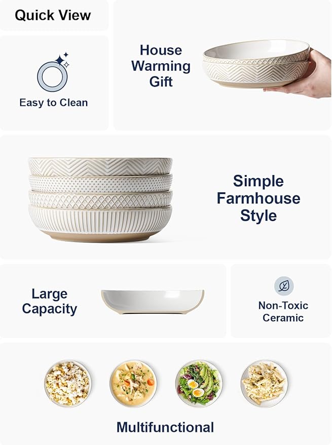 LE TAUCI Pasta Bowls 46oz, Large Salad Bowl, Ceramic Serving Plate, House-warming Wedding Present, Embossment Stoneware Bowl for Fruits, Noodle, Dinner - 9 Inch, Set of 4, Arctic White