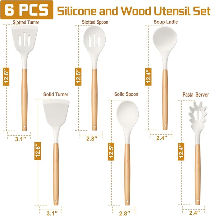 TeamFar Cooking Utensils Set of 6, Silicone Kitchen Utensils with Wooden Handles for Cooking/Turning/Serving/Mixing, Heatproof Kitchen Tools for Non-stick Cookware, Healthy &Non-Scratch, White