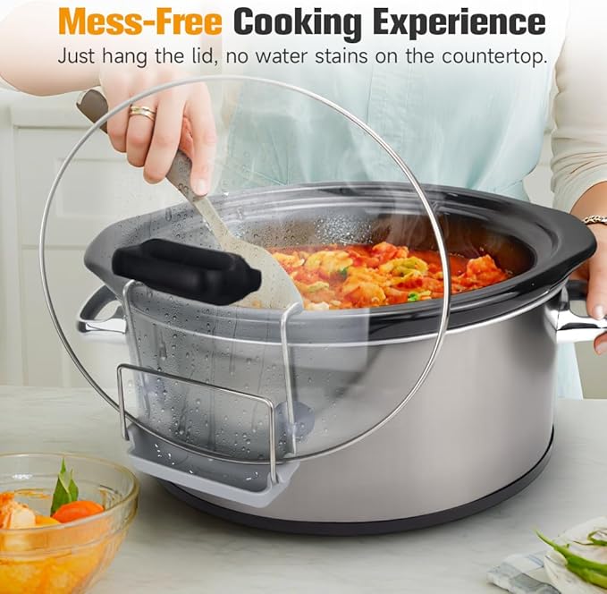 SOPHICO Slow Cooker Lid Holder for Cooking, Hand Free Pot Lid Organizer, Stainless Steel Rack with Silicone Sink, Fits Most Slow Cookers, Keeps Countertop No Mess (Grey, 2 Pack)
