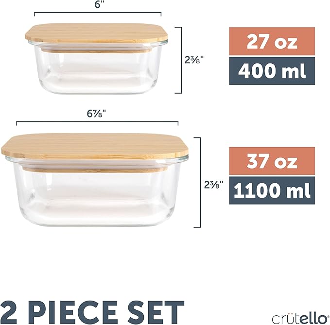 Crutello Glass Storage Containers with Bamboo Lids - Eco-Friendly Non Toxic Meal Prep Jars with Wooden Lid for Fridge and Kitchen Organization - Non Plastic Container for Fruit Bowls 2 Pack
