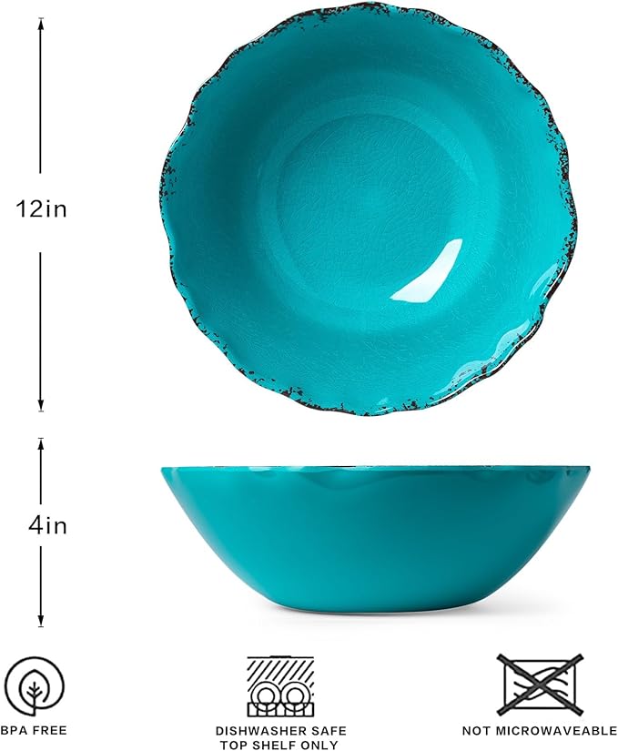 LEHAHA Vintage Melamine Salad Bowls Set, 2 pieces 130 OZ Large Pasta Bowls and Mixing Bowls, 12 inches Chip resistant Large Serving Bowls for Entertaining, Dishwasher Safe, Teal…