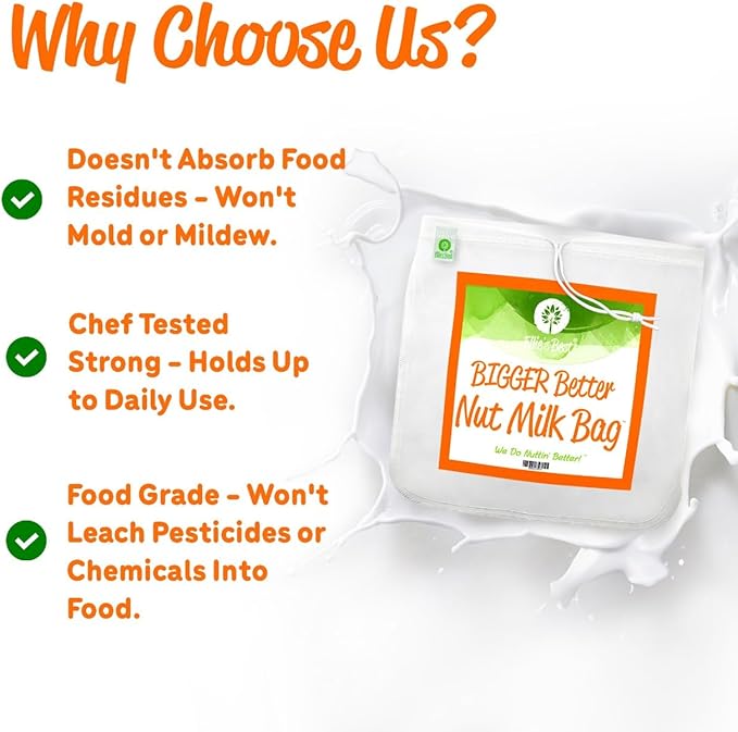 Pro Quality Nut Milk Bag - 5 XL12"X12" Bags - Commercial Grade Reusable All Purpose Food Strainer - Food Grade BPA-Free - Ultra Strong Fine Nylon Mesh - Almond Milk, Juices, Cold Brew Recipes Videos