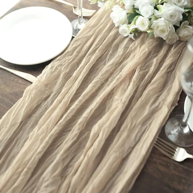 12 Pack Beige Cheesecloth Table Runner 10ft Boho Gauze Cheese Cloth Table Runner Rustic Sheer Runner 120 inch Long for Christmas Wedding Bridal Baby Shower Birthday Table Decorations