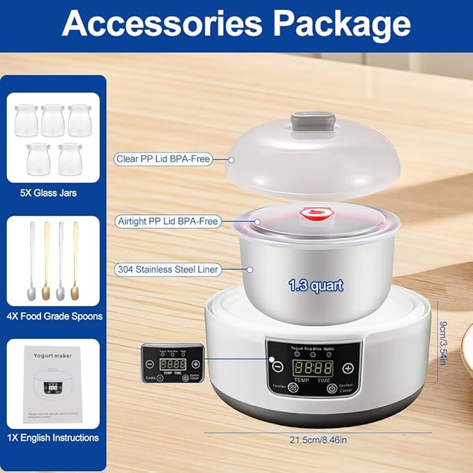 Yogurt Maker with Adjust Temp & Time, Abnaok Multi-Function Probiotic Yogurt Maker with BPA-free PP Lid, Celsius Increment, 304 Stainless Steel Inner Bowl, LED Display
