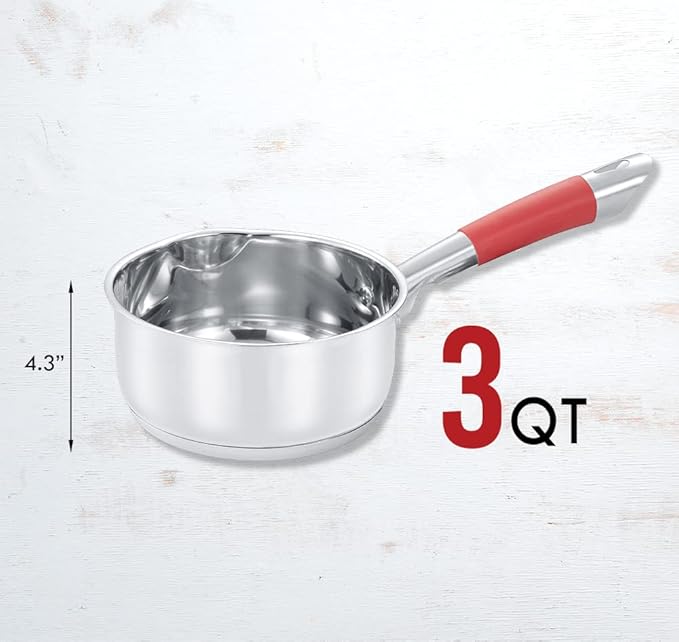 Concord 3 Quart Stainless Steel Saucepan with SIMPLE POUR Vented Glass Lid. Features Dual Pouring Spouts and Volume Marking. Perfect for making Sauces, Jam, Ramen, and more