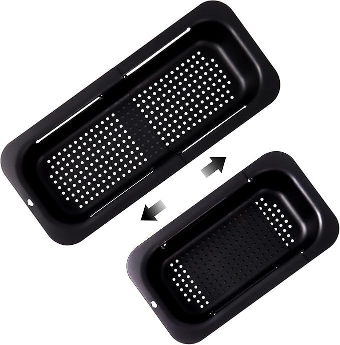 KesaPlan Collapsible Sink Colanders and Strainers Basket Extendable Plastic Fruit Vegetable Strainer Drainer Basket for Kitchen (Length 13.6 inch-18.7 inch) (black)