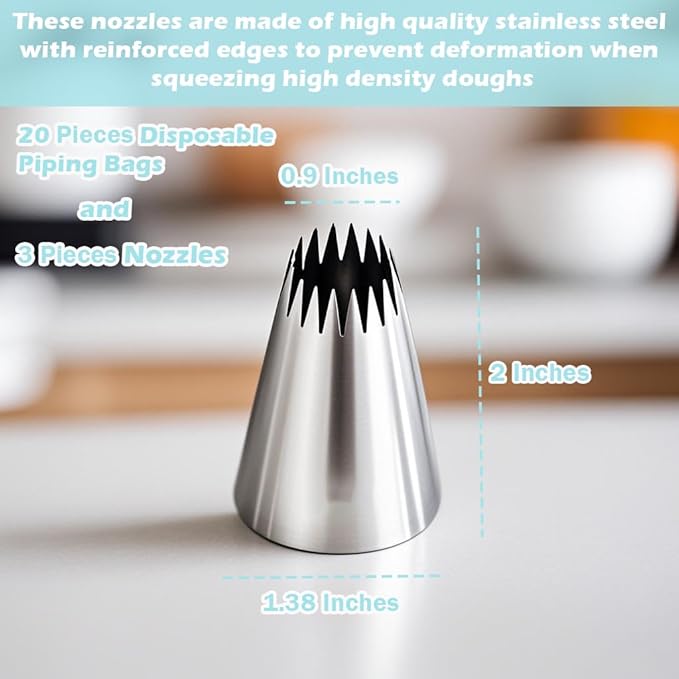Hendiy 3 Pieces Churro Piping Tip, Stainless Steel 9FT Large Piping Tips Churro Maker Icing Tips, Pastry Tips for Cake Decorating with 20Pcs Disposable Piping Bags