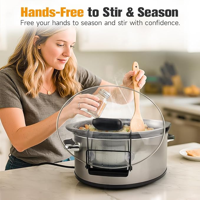 SOPHICO Slow Cooker Lid Holder for Cooking, Hand Free Pot Lid Organizer Fits Most Slow Cookers, Stainless Steel Pot Lid Rack with Silicone Sink Keeps Countertop No Mess (Black, 2 Pack)
