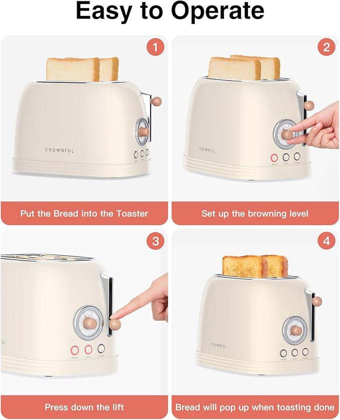 CROWNFUL 2-Slice Toaster, Extra Wide Slots Toaster, Retro Stainless Steel with Bagel, Cancel, Defrost, Reheat Function and 6-Shade Settings, Removal Crumb Tray, Cream