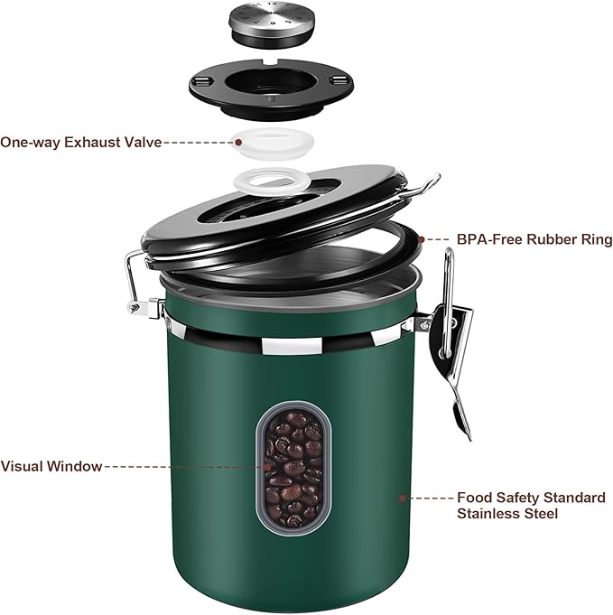 ROCKY&CHAO Airtight Coffee Canister with Date Tracker & Transparent Window, 22OZ Large Tea Coffee Canisters, Coffee Storage Canister, Coffee Container with 30ml Measure Spoon and 4 Co2 Valve(Green)