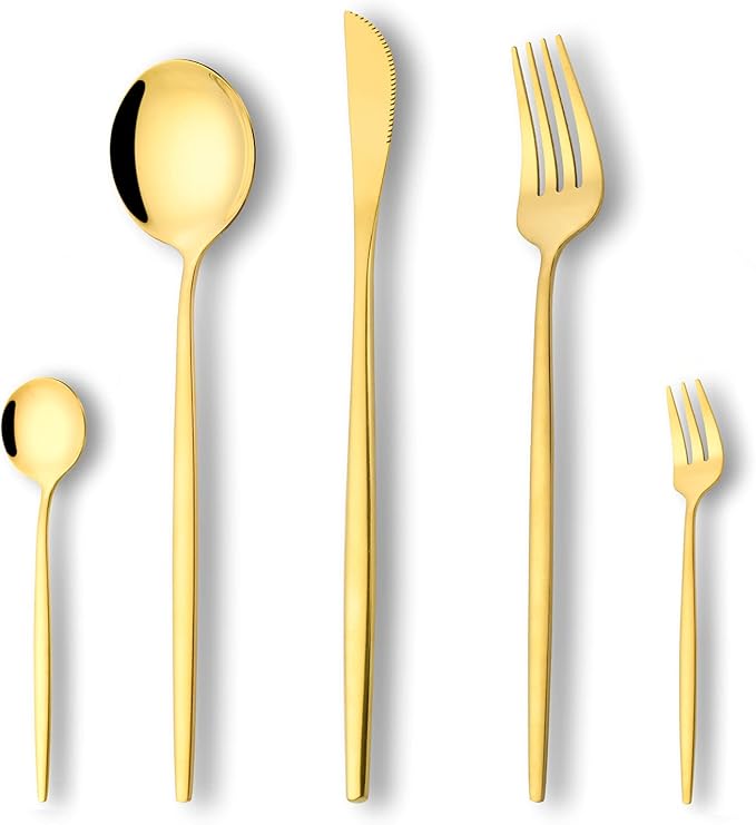 Mirror Gold Silverware Set 20-Piece, Stainless Steel Flatware Service for 4, LaienLife Unique Utensils Set with Long Fork and Spoon Teaspoon, Mirror Gold Flatware Set, Cutlery for Home Party Kitchen