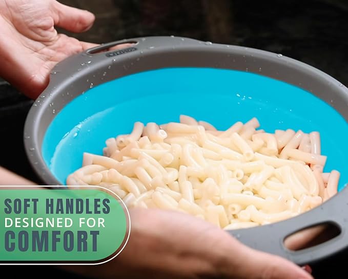 Ultimate Kitchen Strainers Set of 2 - Collapsible Silicone Colanders For Easy Storage by Comfify - Use with Pasta & Veggies or as a Fruit or Berry Bowl with Strainer - Irreplaceable for Campers - Blue