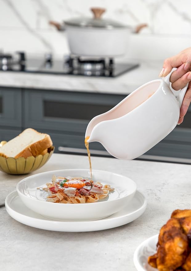 Nucookery Large 20 Oz Gravy Boat with Warmer, White Fine Porcelain Saucier with Big Dripless Lip Spout, Gravy Bowl For Thanksgiving, Warming Sauces, Salad Dressings, Microwave & Freezer Safe(Modern)