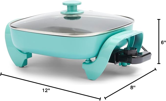 GreenLife 12" 5QT Square Electric Skillet, Glass Vented Lid, Ceramic PFAS-Free Nonstick Interior, Adjustable Temperature Control, Cool Touch Handles, Quick Even Heating, Scratch Resistant, Turquoise