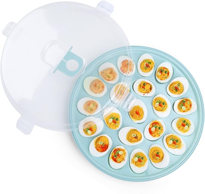 HAKSEN Deviled Egg Containers with Lid, Portable Deviled Egg Platter Carrier Holder Trays with 22 Slots for Holiday Party and Home Kitchen, Blue