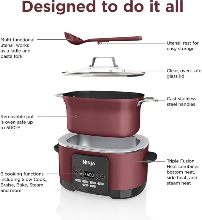 Ninja Foodi PossibleCooker PRO MC1000 8.5Qt Multicooker 8 in 1 Slow Cooker, Dutch Oven, Steam Bake Roast Sear Sauté Bread Maker Warmer, Glass Lid, Integrated Spoon, Nonstick (Cherry)