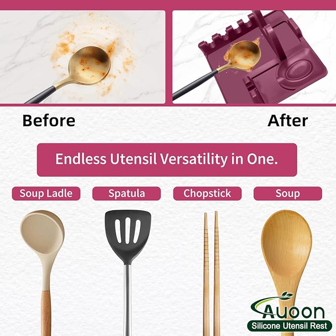 AUOON Spoon Holder for Stove - Silicone Spoon and Lid Rest with Drip Pad Kitchen Utensil Rest for Spoons, Ladles, Spatulas, Tongs & More (Cherry, Large)