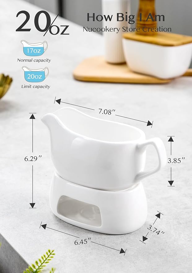 Nucookery Large 20 Oz Gravy Boat with Warmer, White Fine Porcelain Saucier with Big Dripless Lip Spout, Gravy Bowl For Thanksgiving, Warming Sauces, Salad Dressings, Microwave & Freezer Safe(Modern)
