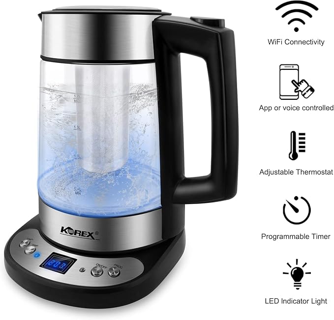 Smart Electric Kettle APP Control, Korex Glass Water Boiler Included Filter Suitable for Alexa Google Home Assistant 1.7 L BPA FREE Great for Coffee Tea Milk With Overheat Protection Controlled