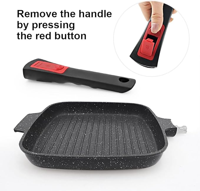 Griddle Pan with Detachable Handle, 10 Inch Cast Aluminium Non Stick Steak Pan for Induction Hob, Black
