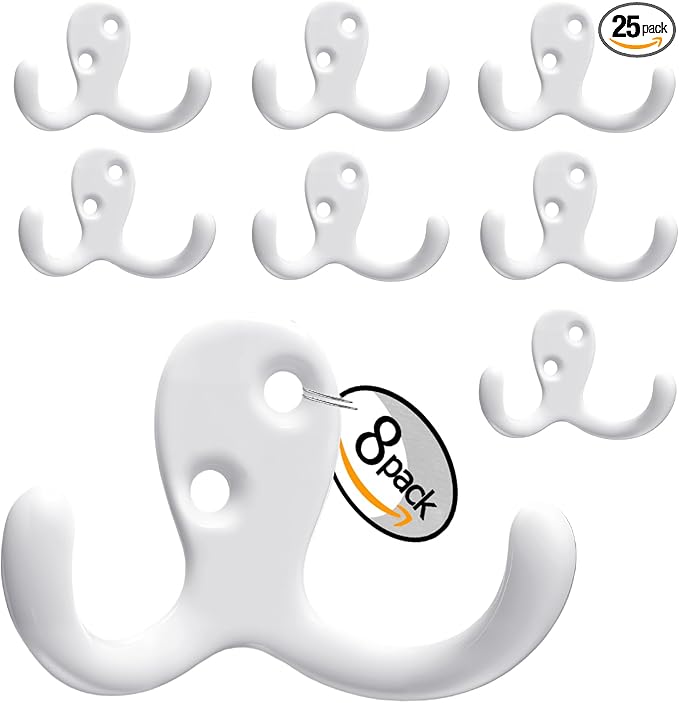 Coat Hooks -8 Pack White Double Prong Hook Wall Mounted - Great for Living Room, Bedroom, Bathroom, Closet for Coat, Bag, Towel, Hat, Key, Cup, Heavy-Duty, Easy to Install