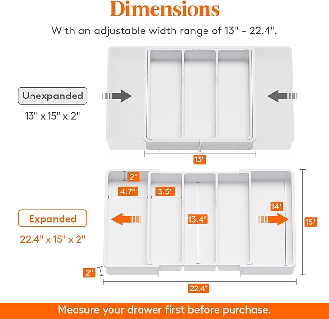 Lifewit Utensil Organizer for Kitchen Drawers, Expandable from 13‘’ to 22.4'', 15'' Depth, Plastic Cutlery Silverware Flatware Holder, Spatula Tools and Gadgets Storage, Large, White