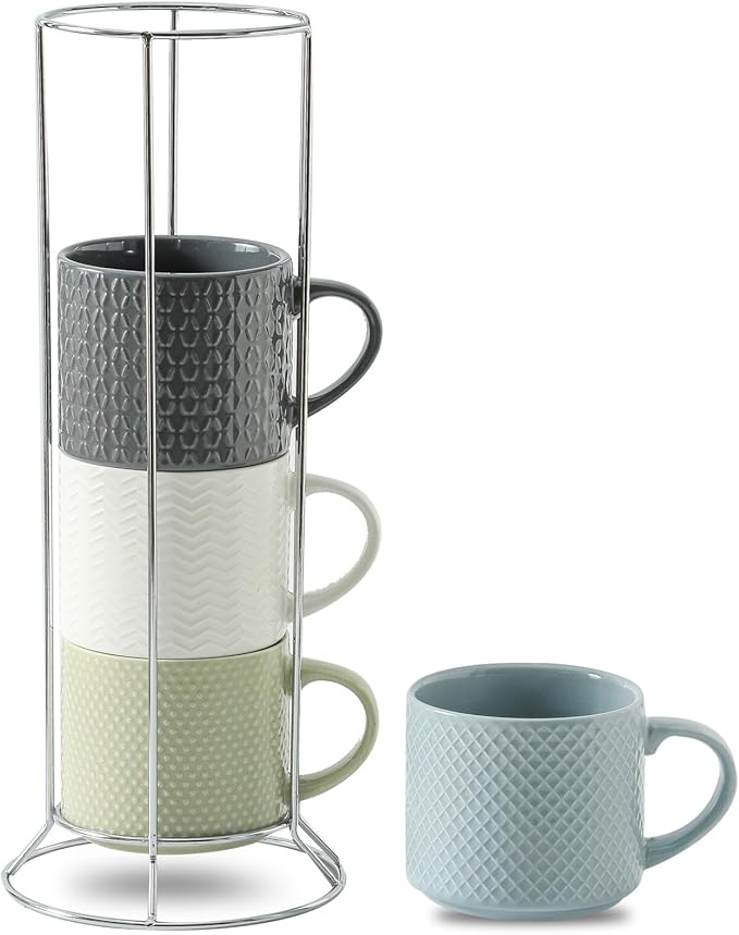 Hasense Coffee Mugs 12 OZ Ceramic Cups Set of 4, Stackable Embossed Coffee Cups with Rack, Porcelain Coffee Cups for Latte, Cappuccino, Mocha, Cocoa, Americano, Hot Tea and Milk, Multi Color