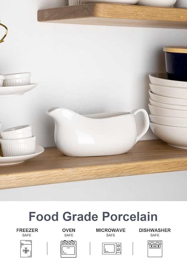 Nucookery Large 17 Oz Gravy Boat with Ergonomic Handle, White Fine Porcelain Saucier with Big Dripless Lip Spout, Bowl For Thanksgiving, Warming Sauces, Salad Dressings, Milk, Microwave & Freezer Safe