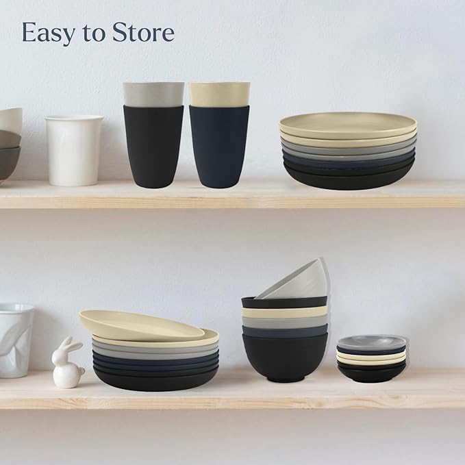 Wheat straw plates and bowls sets of 16 - Unbreakable wheat straw dinnerware sets for camping - Dishwasher safe and Freezer safe Dishes. Black & Grey