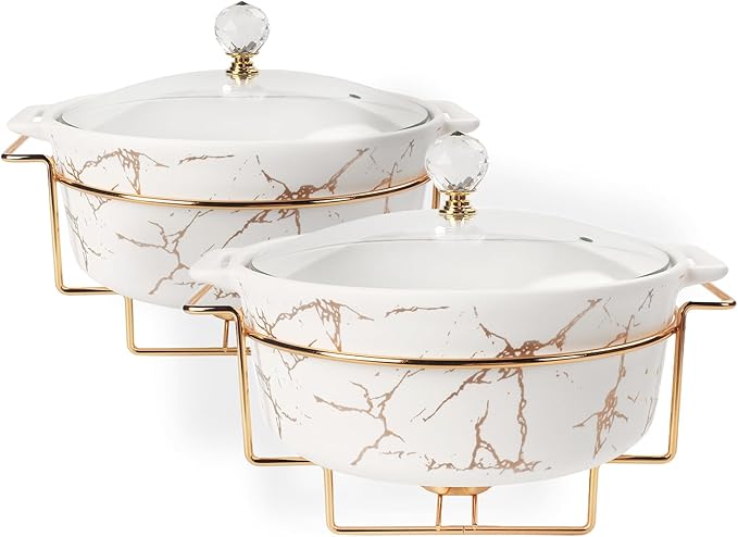 4.9" Mini Ceramic Casserole Dish with Glass Lid and rack, Set of 2, 13.5 Oz French Onion Soup Serving Tureen, Chafing Dish for Individual Portion, Chocolate fondue Party, Bakery, Desserts