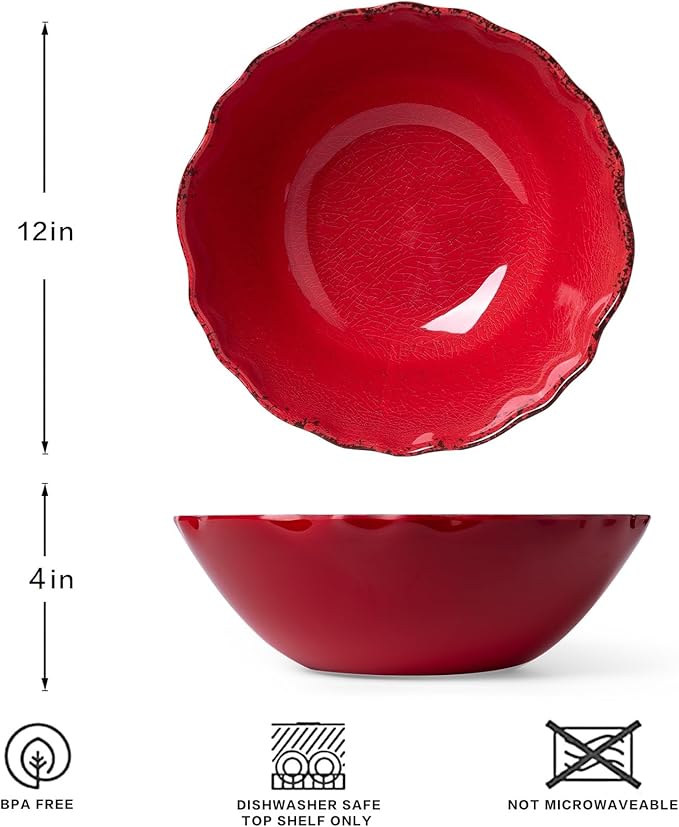 LEHAHA Rustic Crackle Melamine Serving Bowls, 130 OZ and 12 inches Waved Rim Salad Bowl,Unbreakable Pasta Bowls and Mixing Bowls, Set of 2, Pefect for Christmas and All Festivals