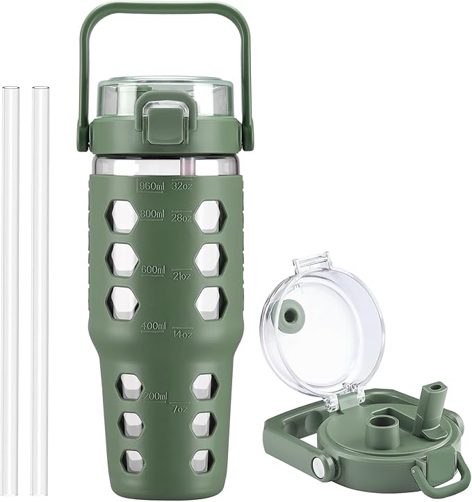 MUKOKO 32 oz Glass Tumbler with Straw,Glass Water Bottles with Time Marker,Iced Coffee Cup with Silicone Sleeve,Motivational Drinking Bottles,Leakproof-Olive
